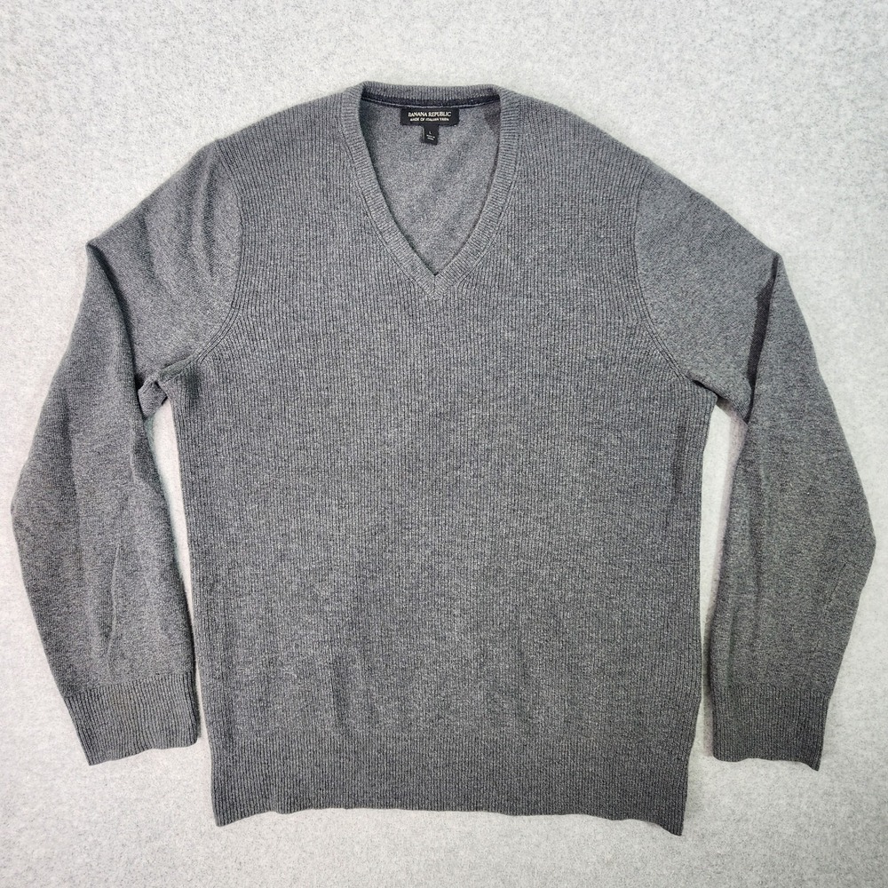 Banana Republic V Neck Sweater‎ Mens Large Gray Pullover Italian Yarn Wool Nylon